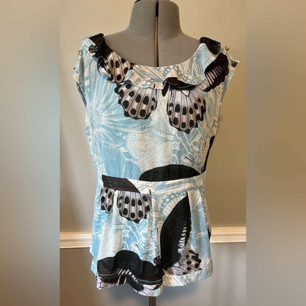 Anthropologie (Leifsdottir) Blue Silk Blouse with Butterfly Print Size 8